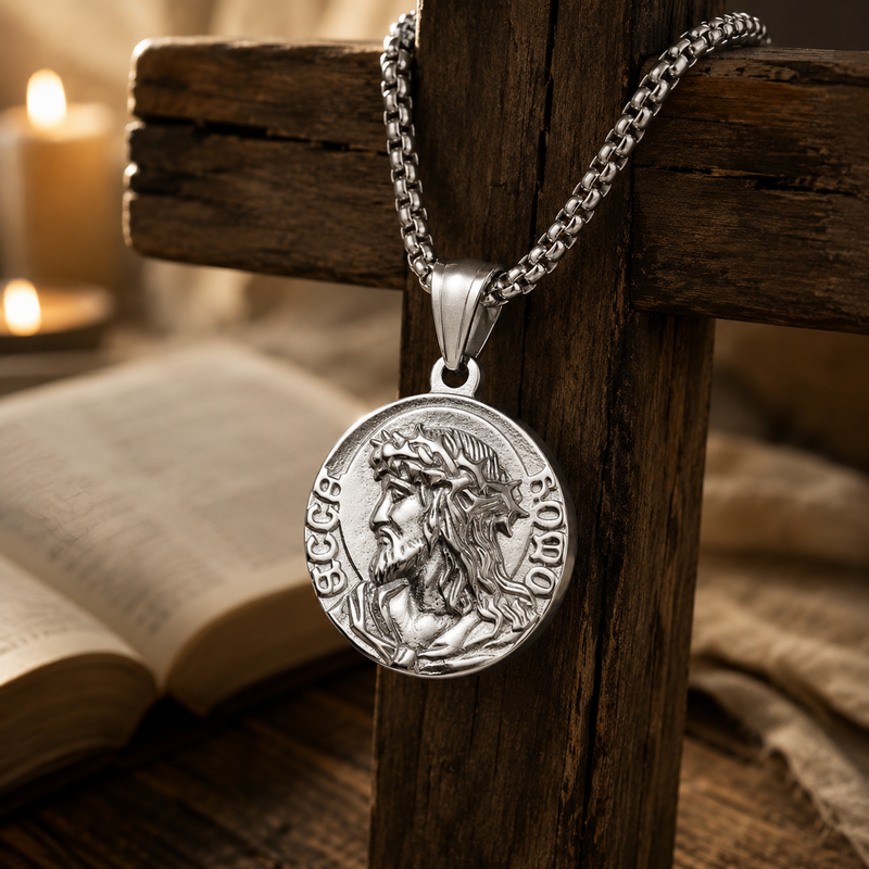 Silver Jesus Necklace Hanging on Wooden Cross