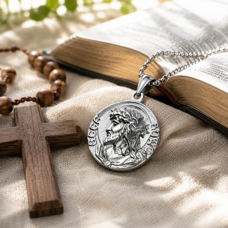 Silver Jesus Necklace on Prayer Table