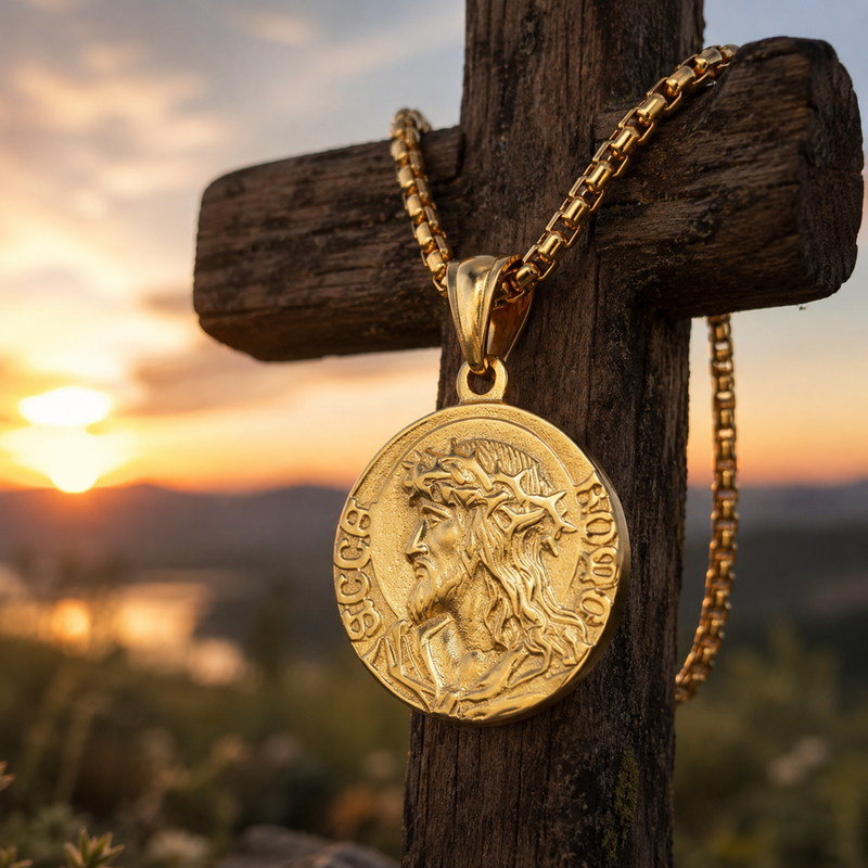 Gold Jesus Medallion with Wooden Cross